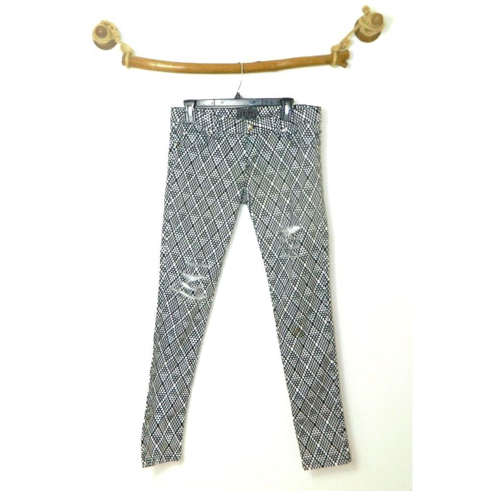 Tripp NYC Jeans Size‎ 9 White Black Geometric Distressed Skinny Goth Steam Punk